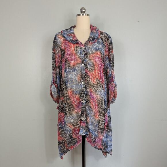 Button Tunic Top 1X Sheer Duster Artsy Colorful Long Lagenlook Layer Cardigan - Picture 1 of 12